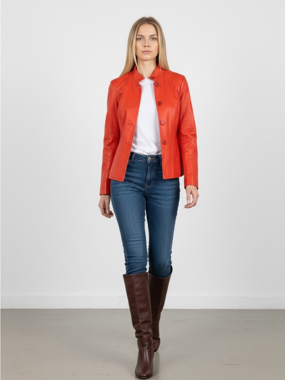 Worth New York Vibrant Orange-Red Genuine Leather Blazer Jacket - Size 8